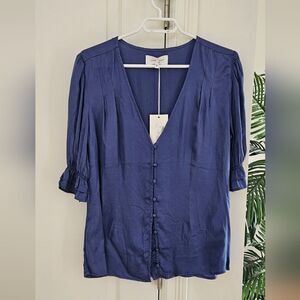 Nwt Dear John Satiny Blue V-Neck Button-Up Women's Top